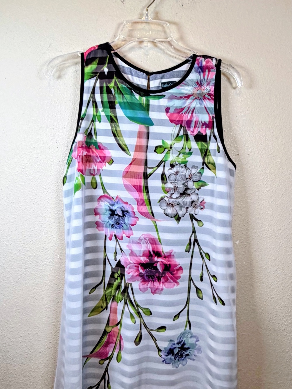 Gabby Skye Black & White Striped Midi Dress w/Pink Floral Print Overlay. Size 12